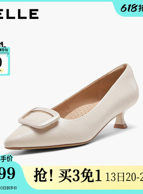 百丽羊皮黑色高跟单鞋女26春季新款通勤上班不累脚猫跟鞋子F1T1DA