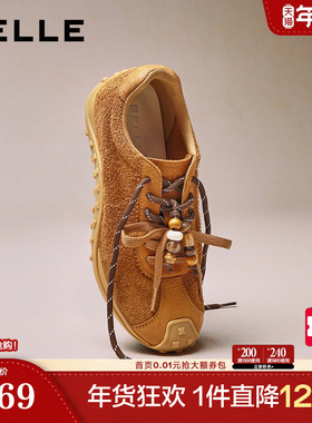 百丽女鞋复古双鞋带薄底德训鞋红色新款舒适运动休闲鞋B2902CM5