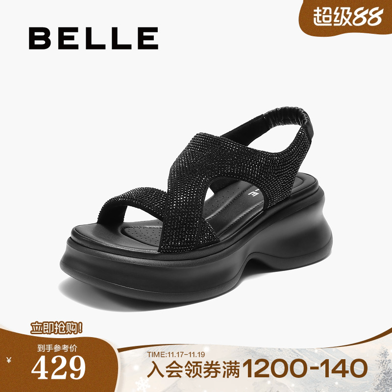 百丽厚底水钻法式休闲运动凉鞋2025夏季新款增高鞋子E2W1DBL5