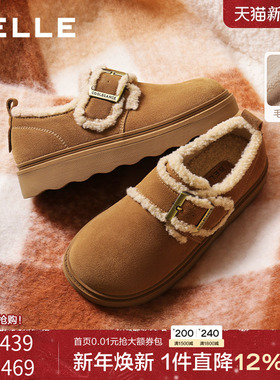 百丽毛毛勃肯乐福鞋女冬季新款厚底雪地靴加绒保暖棉鞋子E5N1DDM5