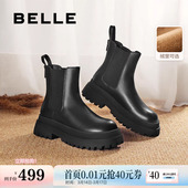 百丽切尔西靴女靴冬季 保暖英伦风厚底短靴加绒烟筒靴子X2G2DDD3