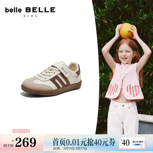 百丽跑道薄底板栗德训鞋男女中童2026春季商场新款魔术贴休闲鞋子