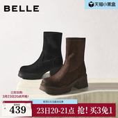 百丽女靴子复古弹力靴冬季 加绒高跟显瘦瘦短靴E5G2DDZ5 新款