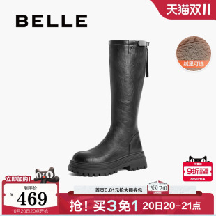 百丽女靴子加绒保暖弹力靴新款 厚底高长骑士靴D3E1DDG4 长筒靴冬季
