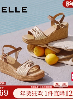 百丽女鞋子编织度假休闲凉鞋夏季厚底坡跟沙滩凉鞋D6J1DBL5