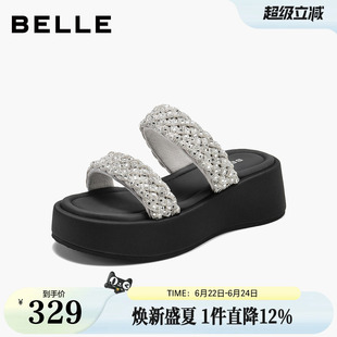 百丽闪耀星河拖沙滩休闲拖鞋女2026新款厚底增高外穿拖鞋B3275BT6