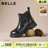 百丽黑巧靴抓皱真皮时装 黑色切尔西靴短筒靴E8P1DDD5 靴加绒新款