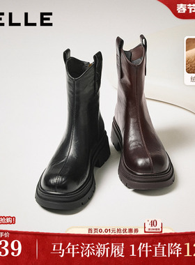 百丽复古加绒弹力靴女冬季新款厚底粗跟显瘦瘦靴短靴子E5E1DDZ5