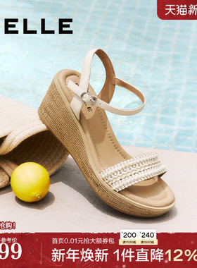 百丽度假风一字带凉鞋2025夏季新款妈妈坡跟松糕凉鞋子D8T1DBL5