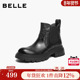 百丽复古抓皱英伦风切尔西靴子女新款 真皮黑色厚底短靴B2941DD5