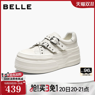 【增高6CM】百丽铆钉厚底小白鞋女2026新款双扣豹纹休闲板鞋B3469