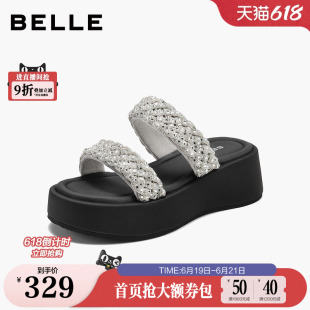百丽闪耀星河拖沙滩休闲拖鞋女2026新款厚底增高外穿拖鞋B3275BT6