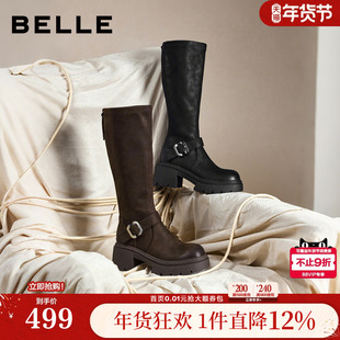 百丽复古高长弹力骑士靴女冬季 粗跟显瘦长筒靴子E5H1DDG5 新款