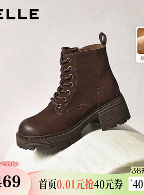 百丽复古厚底增高加绒保暖马丁靴女鞋冬款粗跟休闲短靴子E8V1DDD5
