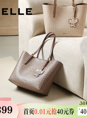 百丽包包女新款老花小象水桶大容量通勤包腋下托特包X7226AX5