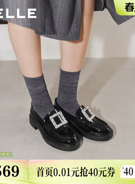 百丽璀璨乐福鞋厚底新款女鞋真皮方扣闪钻黑色小皮单鞋B3085AM6预