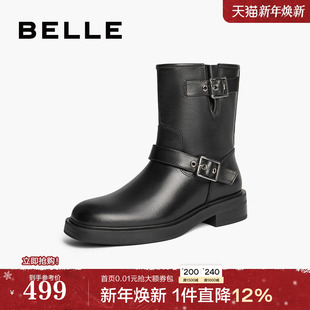 真皮机车靴短靴子3EL65DZ4 新款 百丽休闲复古西部靴女冬季 商场同款