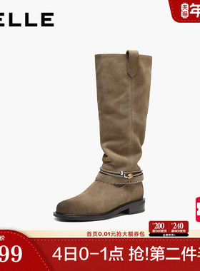 百丽复古堆堆靴西部靴女2025冬季新款巴恩风高长筒靴子F2S1DDG5