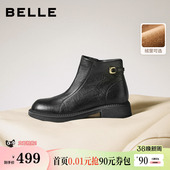 靴E4Y1DDD5 加绒显瘦时装 百丽超软羊皮显瘦粗跟短靴子女冬季 新款