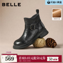 百丽黑巧靴抓皱真皮时装 黑色切尔西靴短筒靴E8P1DDD5 靴加绒新款