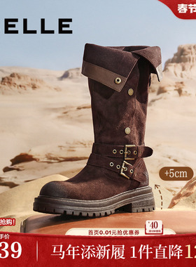 百丽荒野来信女靴子复古绒面西部靴女冬新款堆堆靴高筒靴B2825D