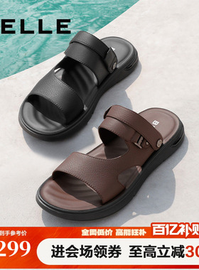 百丽男鞋沙滩凉鞋皮凉鞋夏季商场同款休闲真皮户外拖鞋男7YG01BL3