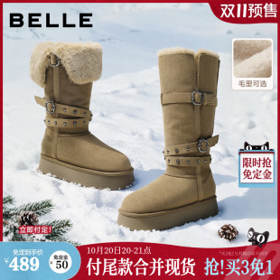 双11预售百丽厚底长筒雪地靴女2026新款棉靴抗寒毛绒系东北高筒靴