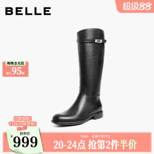 百丽真皮显瘦长筒骑士靴子女冬季新款粗跟高长靴子B2820DG5