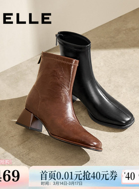 百丽女靴子弹力靴褶皱新款粗高跟时装靴通勤显瘦瘦短靴B2348DZ4