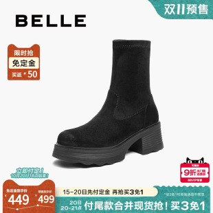 加绒高跟显瘦瘦短靴 百丽女靴子复古弹力靴2025冬新款 双11预售