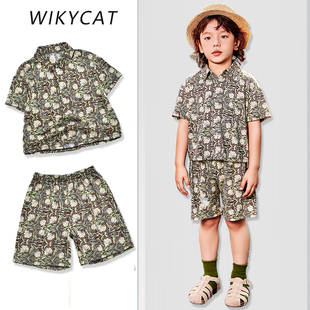 威奇猫夏款莫代尔薄款儿童沙滩裤衬衫休闲裤短裤外裤套装亲子款