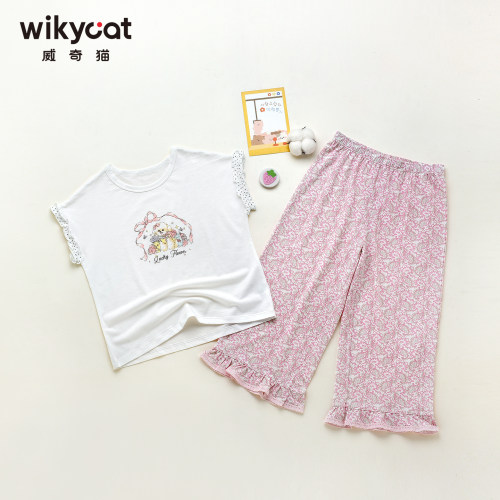 26新品威奇猫女童兰精莫代尔薄款半袖家居服套装螺旋花海