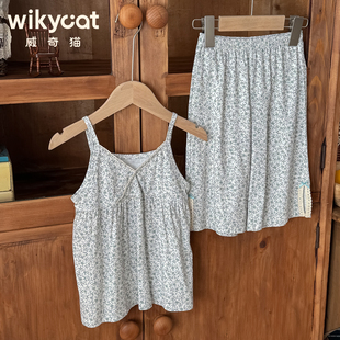 26新品威奇猫女童兰精莫代尔薄款吊带家居服套装亲子装花影