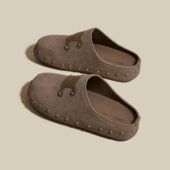 女外穿2026春秋季 新款 绒面内增高包头勃肯鞋 一脚蹬丑萌半拖鞋 单鞋