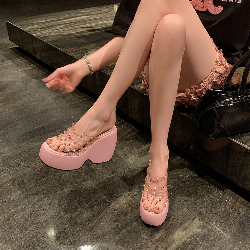 时尚网红风外穿厚底坡跟凉拖鞋女夏新款透明铆钉超高跟一字拖,女鞋,一字拖,淘宝优惠券,粉丝福利购,淘宝优惠卷