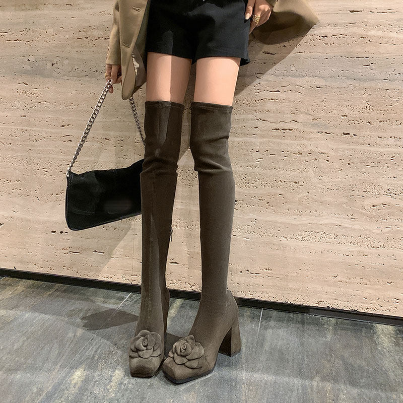 小香风弹力粗跟过膝长靴女2023秋冬新款方头山茶花时装高跟瘦瘦靴,女鞋,弹力靴/袜靴,淘宝优惠券,粉丝福利购,淘宝优惠卷