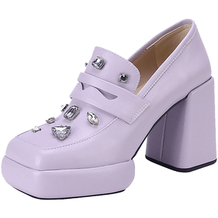 设计感水钻深口粗跟小皮鞋女乐福鞋2023早春新款真皮厚底高跟单鞋