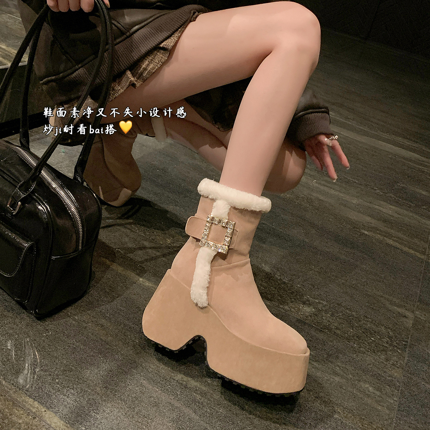 厚底坡跟短靴女加厚保暖雪地靴2025冬季新款真皮小个子松糕底棉靴,女鞋,时尚雪地靴,淘宝优惠券,粉丝福利购,淘宝优惠卷