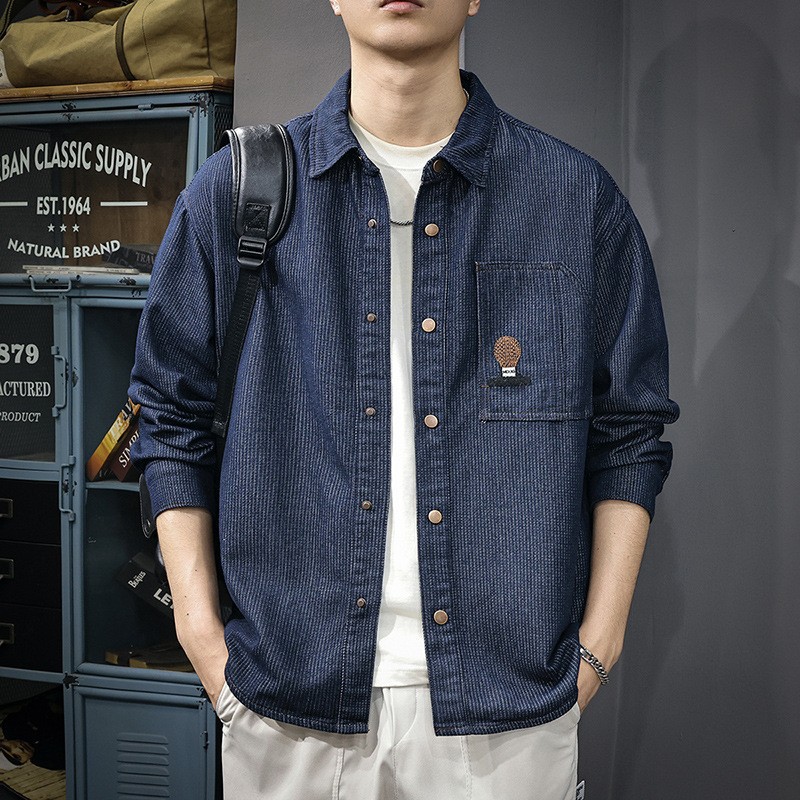 2025秋季新款水洗提花男士长袖衬衫宽松休闲翻领刺绣牛仔衬衣外套