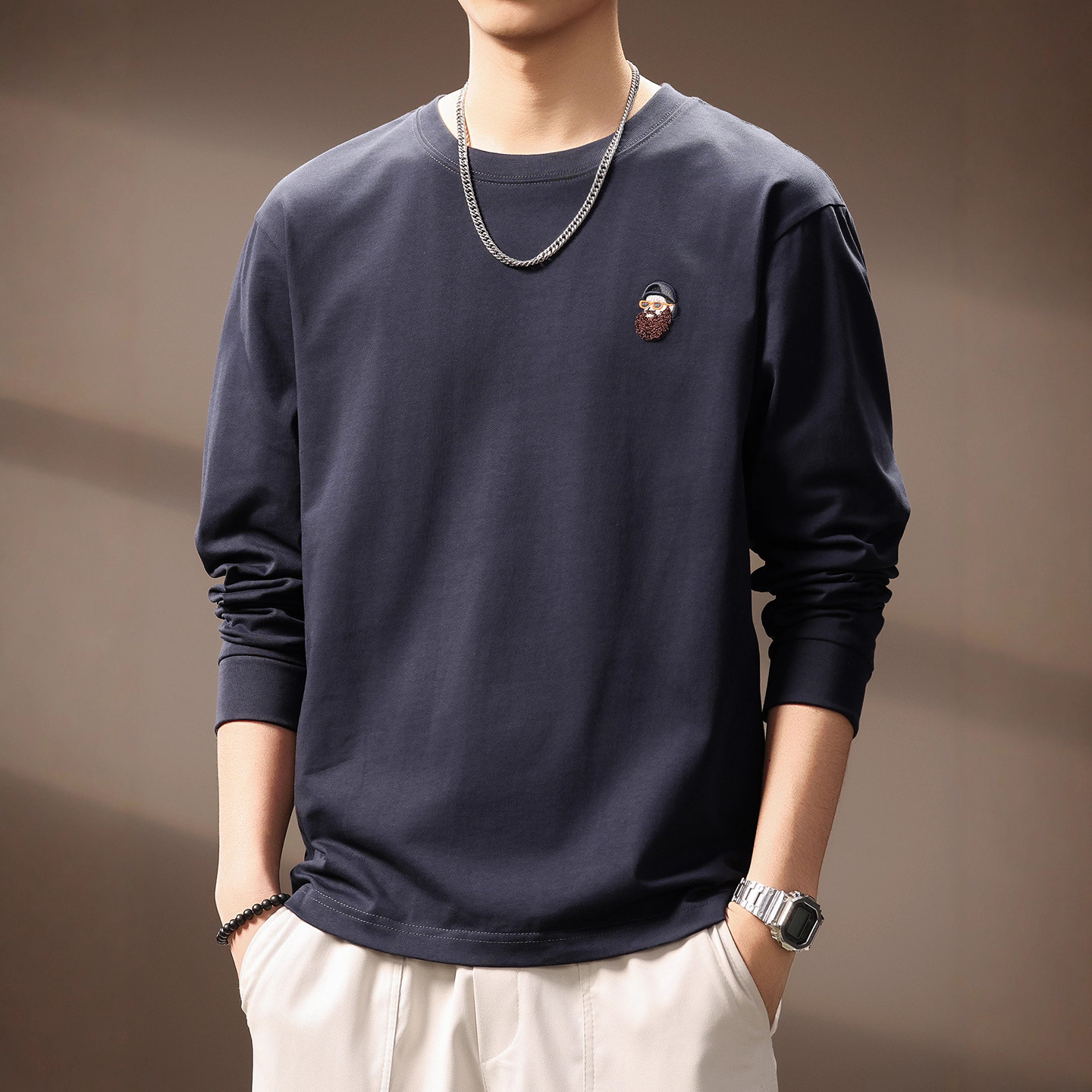 高端美式重磅胡子哥刺绣长袖T恤男秋季新款复古圆领宽松上衣