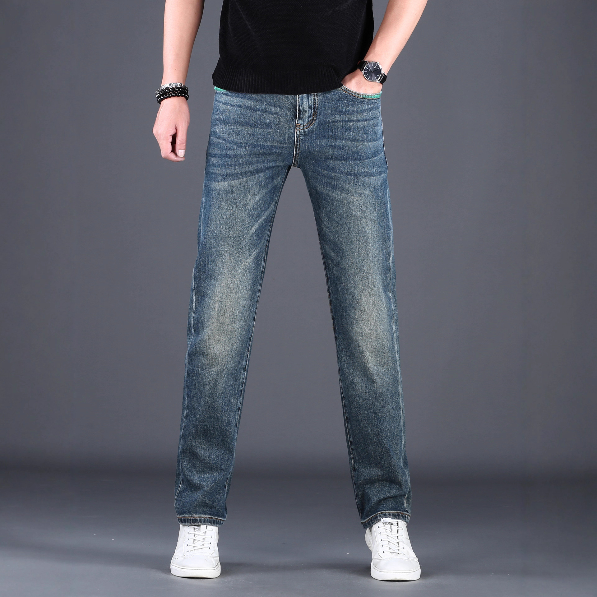 高端潮牌男修身小直筒牛仔裤