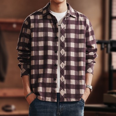 高端美式复古紫格衬衫男秋款
