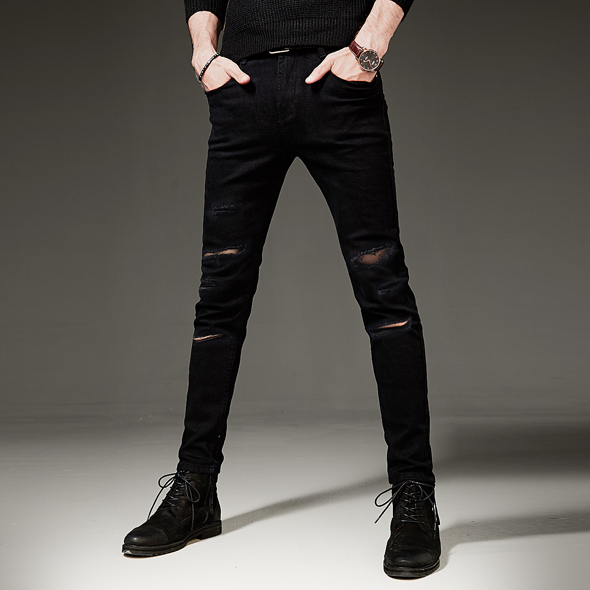 欧货高端潮牌破洞牛仔裤男黑色修身小脚韩版潮流休闲弹力长裤子男