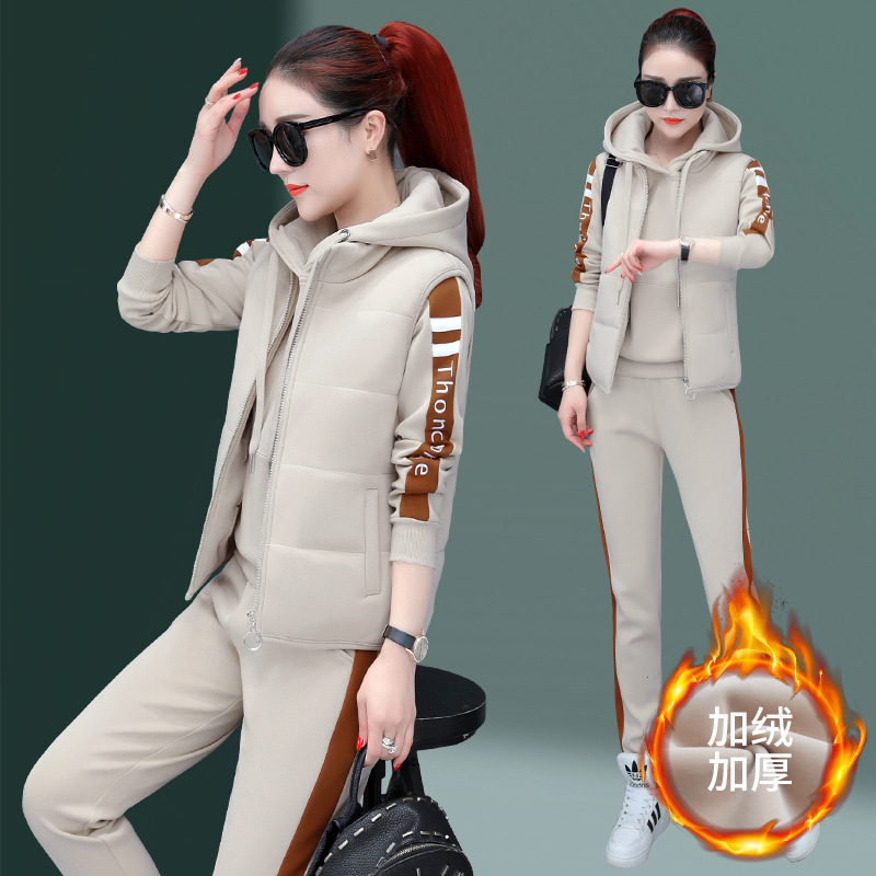 2022年冬季新款时尚加绒加厚休闲运动服套装连帽开衫卫衣三件套女