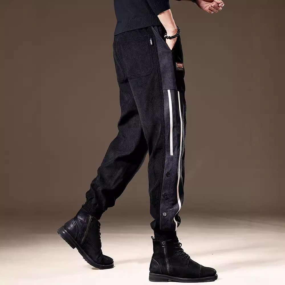 高端灯芯绒休闲裤男潮牌宽松束脚卫裤秋季新款条纹拼接格子裤子男