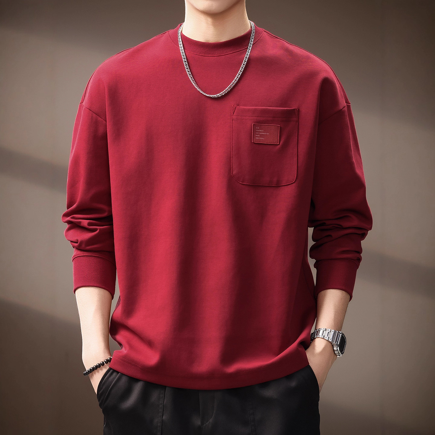高端重磅纯色长袖T恤男