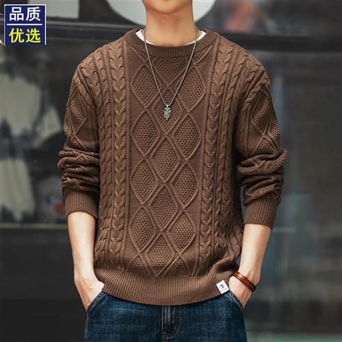 高端潮牌粗针麻花毛衣男士春秋季宽松休闲套头毛线衣针织衫