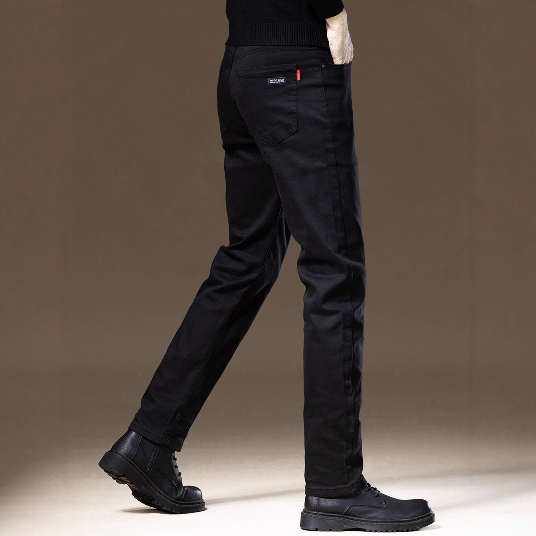 高端纯黑色弹力牛仔裤男修身直筒秋冬加绒修身商务潮牌休闲裤子男