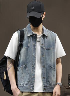 浅蓝色牛仔马甲男户外坎肩男士背心春夏季休闲马夹大口袋无袖外套