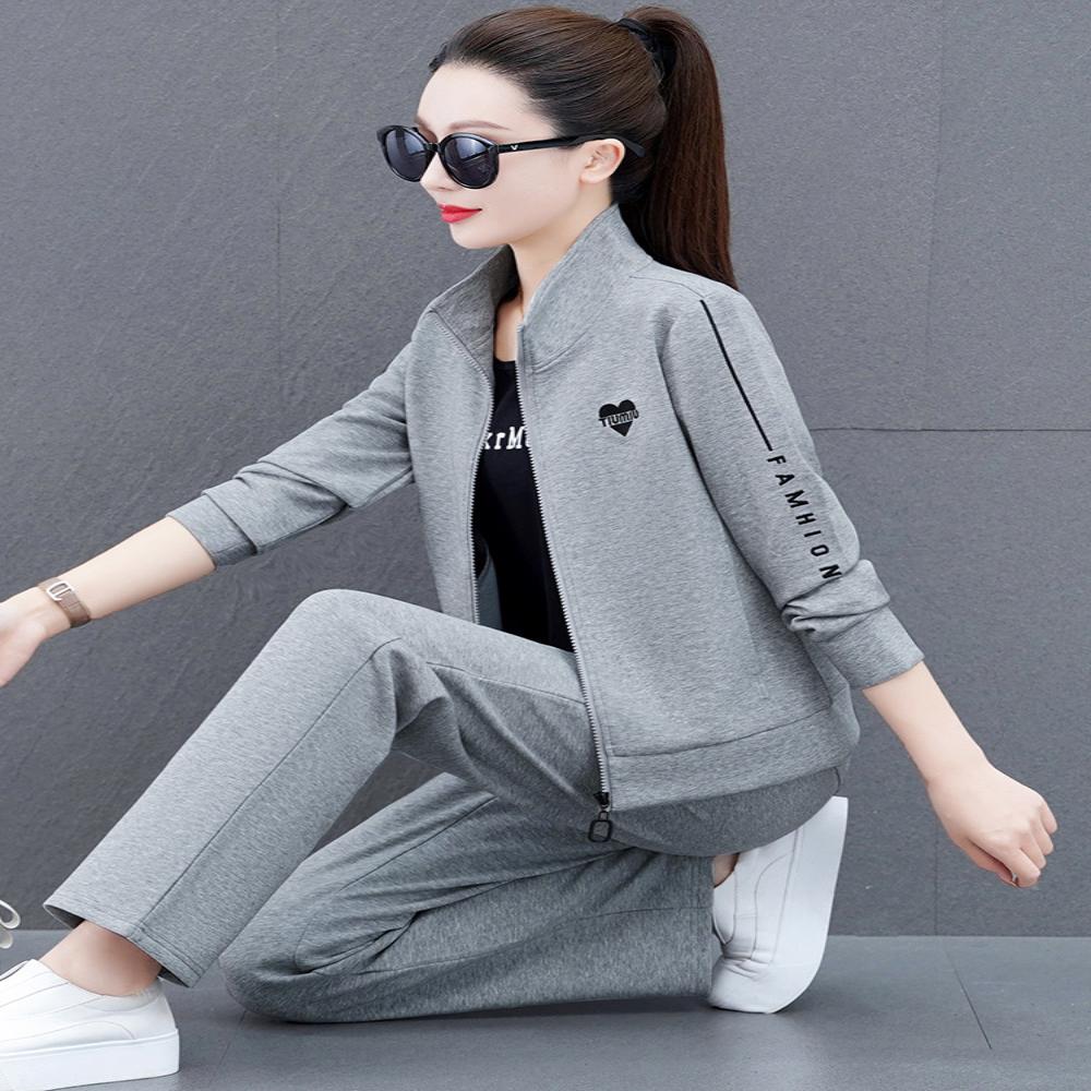 运动服套装女春秋款中年妈妈洋气时尚休闲开衫跑步服阔腿裤三件套